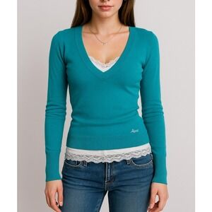 Aeropostale Womens Y2K V Neck Sweater Size M Teal Fitted Long Preppy